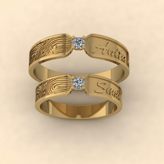 Engraved Fingerprint Couple Rings with Solitaire