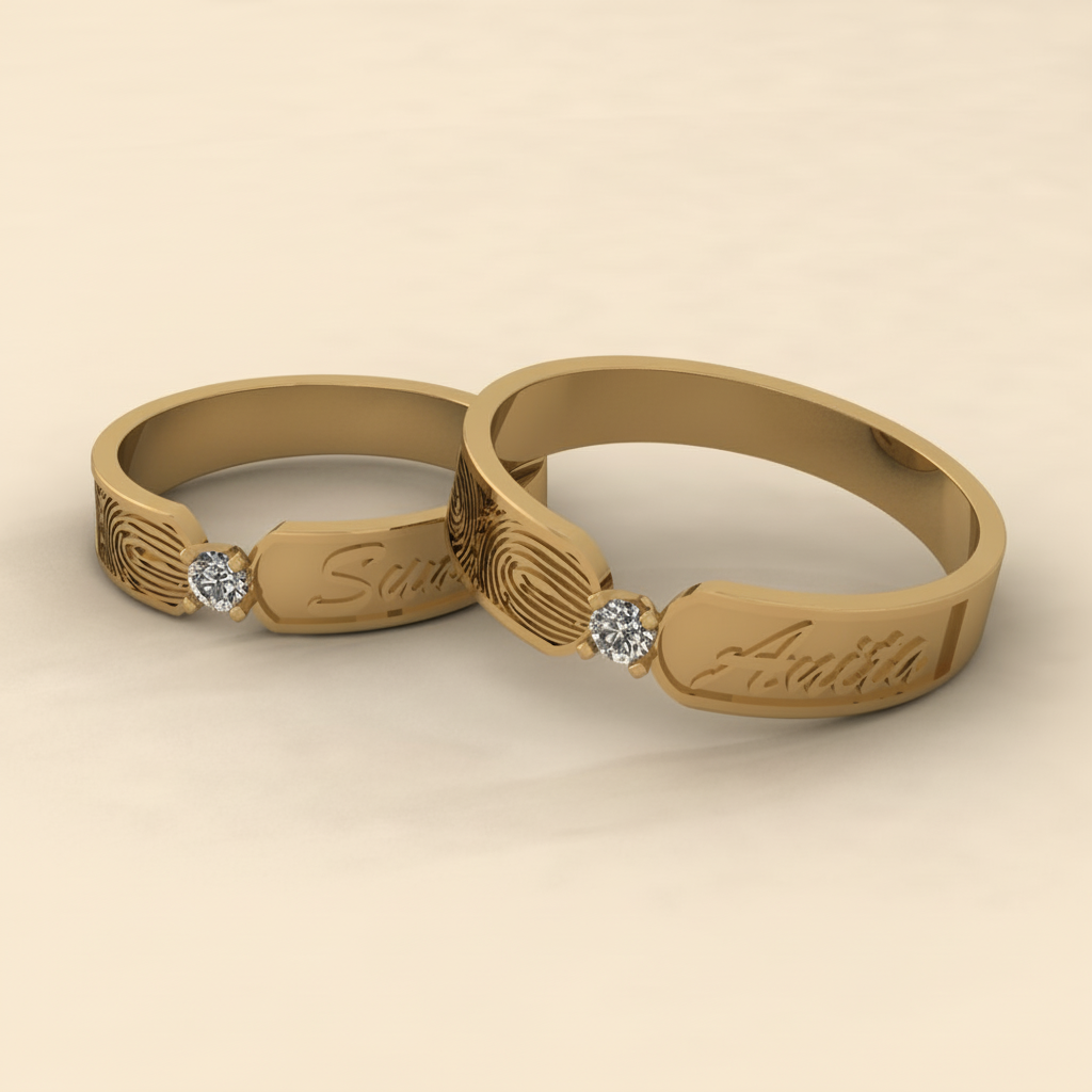 Engraved Fingerprint Couple Rings with Solitaire