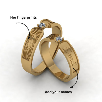Engraved Fingerprint Couple Rings with Solitaire