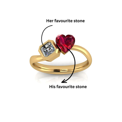 Ruby Heart & Asscher Diamond Duo Ring