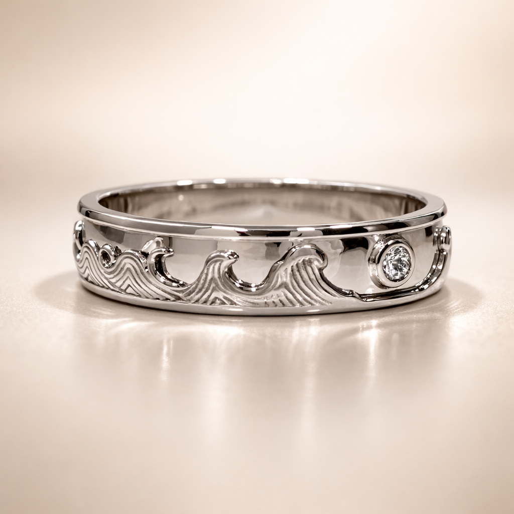 Couple Photo Ocean Wave Platinum Band