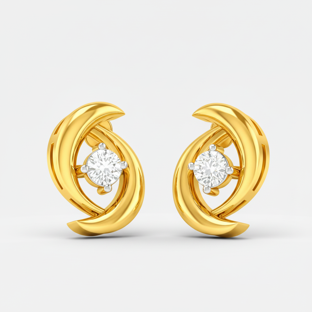 Gold earrings with circular design and clear gemstones on a white background