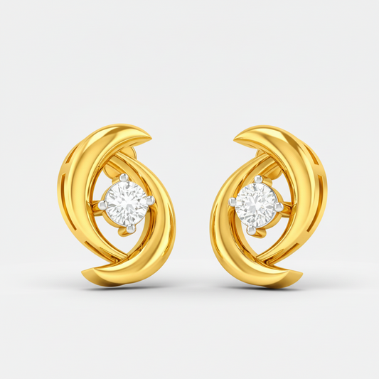 Gold earrings with circular design and clear gemstones on a white background