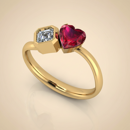 Ruby Heart & Asscher Diamond Duo Ring