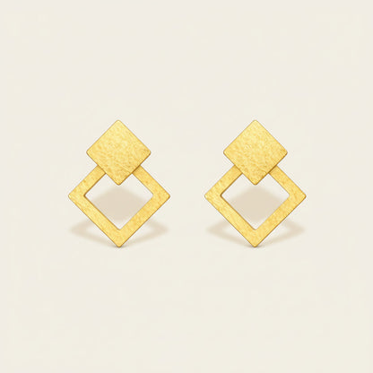 Geometric Double Square Gold Stud Earrings